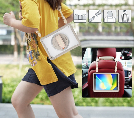 D-Pro 360 Shock V2 Strap Case etui pancerne z uchwytem na rękę i paskiem na ramię do Apple iPad 10 Gen. (2022) / 11 Gen. (2025) (Beżowy)