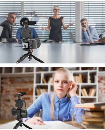 Zestaw Vlog Podcast YouTube do telefonu kamery aparatu lampa LED mikrofon uchwyt statyw pilot (Czarny) + adapter USB-C