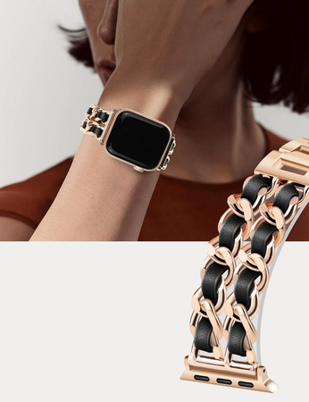 BransoletaGlow CNL Stainless Steel Leather Band  ozdobny pasek do Apple  Watch 38/40/41/42mm 1/2/3/4/5/6/7/8/9/10/SE (Rose Gold / Różowe złoto/ Czarny)
