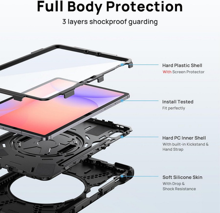 Etui D-Pro 360 Armor Strap Case obudowa pancerna z uchwytem na rękę i paskiem na ramię z wbudowaną folią na ekran do Samsung Galaxy Tab S10 FE 10.9" (SM-X520 / SM-X526) 2025