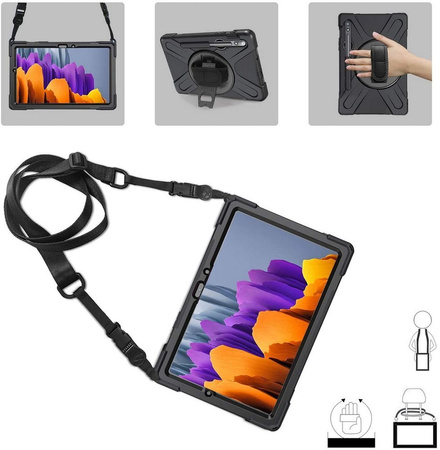 Etui D-Pro 360 Armor Strap Case obudowa pancerna z uchwytem na rękę i paskiem na ramię z wbudowaną folią na ekran do Samsung Galaxy Tab S10 FE 10.9" (SM-X520 / SM-X526) 2025