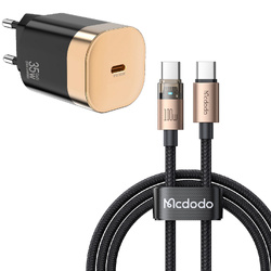 Ładowarka sieciowa zasilacz adapter USB-C Typ-C GaN 35W PD uniwersalny + kabel Mcdodo przewód USB-C do USB-CPD 100W nylonowy oplot 120cm 1.2m (Czarny+Złoty)