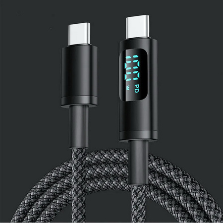 Kabel przewód USB-C do USB-C Type-C z wyświetlaczem LED do szybkiego ładowania PD 100W nylonowy oplot 100cm 1m (Czarny)