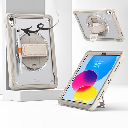 D-Pro 360 Shock V2 Strap Case etui pancerne z uchwytem na rękę i paskiem na ramię do Apple iPad 10 Gen. (2022) / 11 Gen. (2025) (Beżowy)