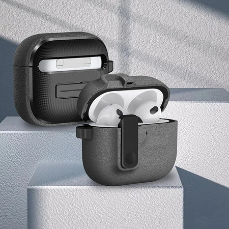 Etui D-Pro Suede Safe Anti-Lost Case bezpieczna zamykana obudowa zamszowa z metalowym karabińczykiem do Apple AirPods Pro 1/2 (Szary + Czarny breloczek)