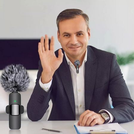 Mikrofon zewnętrzny krawatowy bezprzewodowy z odbiornikiem USB-C Typ-C + Adapter do Apple Lightning iPhone Android + DeadCat osłona przeciwwietrzna Vlog Podcast YouTube TikTok Stream Transmisja (2 szt.)