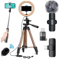 Zestaw lampa pierścieniowa LED Ring Fill + statyw tripod 130cm + mikrofon bezprzewodowy USB-C + Lightning + selfiestick z lampą LED 