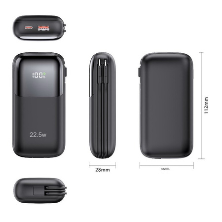 Power Bank D-Pro Dual Cable LED 2x kabel USB-C + Lightning szybkie ładowanie 22.5W QC 3.0 PD 10000mAh (Czarny)