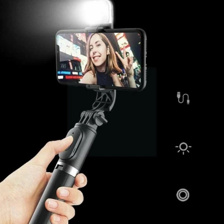 Zestaw lampa pierścieniowa LED Ring Fill + statyw tripod 130cm + mikrofon bezprzewodowy USB-C + Lightning + selfiestick z lampą LED 