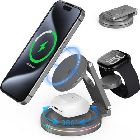 Ładowarka indukcyjna Qi2 MagSafe AluCircle Wireless Charger szybka bezprzewodowa magnetyczna aluminiowa stacja do ładowania Apple Watch / iPhone / AirPods (Space Gray / Szary)