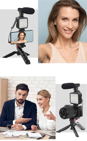 Zestaw Vlog Podcast YouTube do telefonu kamery aparatu lampa LED mikrofon uchwyt statyw pilot (Czarny) + adapter USB-C