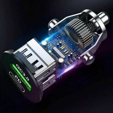 Ładowarka samochodowa NOX do zapalniczki szybka mocna dwa porty USB-A + USB-C 5V 3.1A (Czarna)