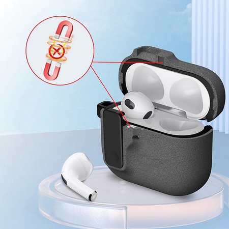 Etui D-Pro Suede Safe Anti-Lost Case bezpieczna zamykana obudowa zamszowa z metalowym karabińczykiem do Apple AirPods Pro 1/2 (Szary + Czarny breloczek)