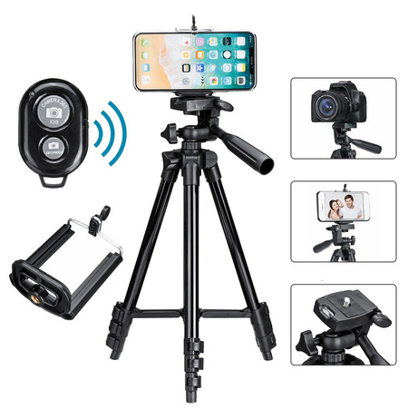 Statyw fotograficzny Tripod 103cm uchwyt na telefon aparat kamerę + pilot Bluetooth (Czarny)
