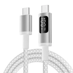 Kabel przewód USB-C do USB-C Type-C z wyświetlaczem LED do szybkiego ładowania PD 100W nylonowy oplot 100cm 1m (Biały)