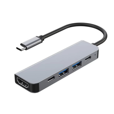 Adapter Hub D-Pro 5w1 przejściówka rozdzielacz USB-C do HDMI 4K UHD / 2x USB Type-C PD 100W / USB 2.0 3.0 (Space Gray / Szary)