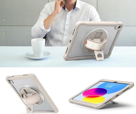 D-Pro 360 Shock V2 Strap Case etui pancerne z uchwytem na rękę i paskiem na ramię do Apple iPad 10 Gen. (2022) / 11 Gen. (2025) (Beżowy)