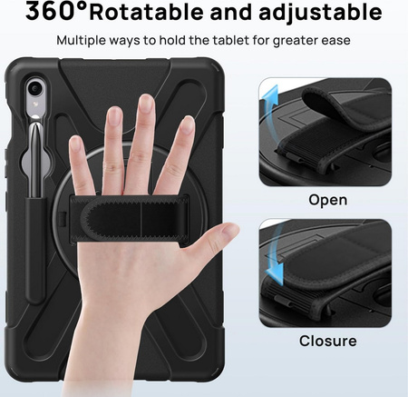 Etui D-Pro 360 Armor Strap Case obudowa pancerna z uchwytem na rękę i paskiem na ramię z wbudowaną folią na ekran do Samsung Galaxy Tab S10 FE 10.9" (SM-X520 / SM-X526) 2025