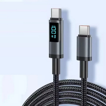 Kabel przewód USB-C do USB-C Type-C z wyświetlaczem LED do szybkiego ładowania PD 100W nylonowy oplot 200cm 2m (Czarny)