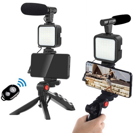 Zestaw Vlog Podcast YouTube do telefonu kamery aparatu lampa LED mikrofon uchwyt statyw pilot (Czarny) + adapter USB-C