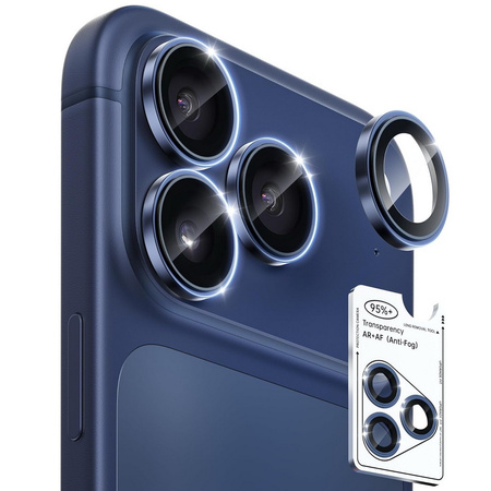 3x Szkło na aparat kamerę AR+AF antyrefleksyjna szybka ochronna z metalowym ringiem z aplikatorem do Apple iPhone 17 Pro / 17 Pro Max (Deep Blue / Niebieski)