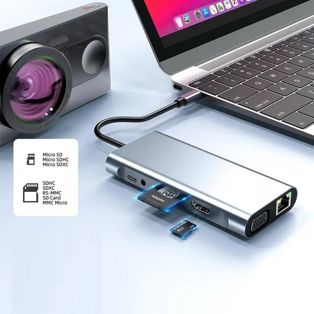 Adapter Hub D-Pro 11w1 przejściówka rozdzielacz USB-C do HDMI 4K UHD / USB Type-C PD / USB 2.0 3.0 / SD / TF / RJ45 LAN 100Mbps / VGA / Audio Mini Jack 3.5mm (Space Gray / Szary)