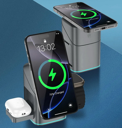 Ładowarka indukcyjna Qi2 MagSafe Auto Rotate Wireless Charger szybka bezprzewodowa magnetyczna stacja do ładowania Apple Watch / iPhone / AirPods (Czarny)