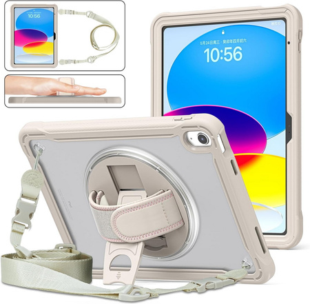 D-Pro 360 Shock V2 Strap Case etui pancerne z uchwytem na rękę i paskiem na ramię do Apple iPad 10 Gen. (2022) / 11 Gen. (2025) (Beżowy)