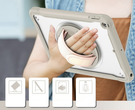 D-Pro 360 Shock V2 Strap Case etui pancerne z uchwytem na rękę i paskiem na ramię do Apple iPad 10 Gen. (2022) / 11 Gen. (2025) (Beżowy)