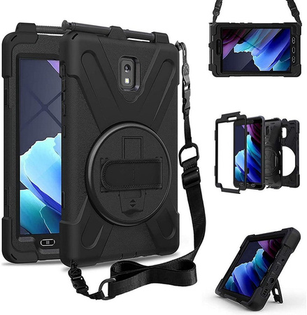 Zestaw D-Pro 360 Armor Strap Case etui pancerne z uchwytem na rękę i paskiem na ramię do Samsung Galaxy Tab Active 5 (X300/X306B) 2024 + szkło ochronne
