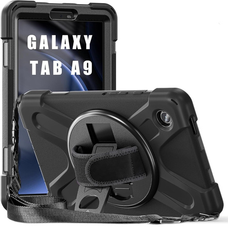 Zestaw D-Pro 360 Armor Strap Case etui pancerne z uchwytem na rękę i paskiem na ramię do Samsung Galaxy Tab A9 8.7" (X110/X115) (Czarne) + szkło ochronne 