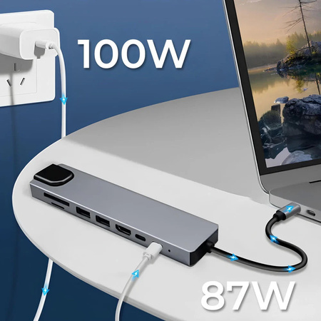 Adapter Hub D-Pro 8w1 przejściówka rozdzielacz USB-C do HDMI 4K UHD / 2x USB Type-C PD / USB 3.0 / SD / TF / RJ45 LAN 100Mbps (Space Gray / Szary)