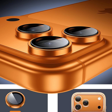 Szkło na aparat kamerę AR+AF antyrefleksyjna szybka ochronna z metalowym ringiem z aplikatorem do Apple iPhone 17 Pro / 17 Pro Max (Orange / Pomarańczowy)