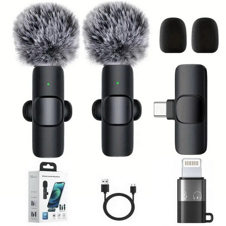 Mikrofon zewnętrzny krawatowy bezprzewodowy z odbiornikiem USB-C Typ-C + Adapter do Apple Lightning iPhone Android + DeadCat osłona przeciwwietrzna Vlog Podcast YouTube TikTok Stream Transmisja (2 szt.)