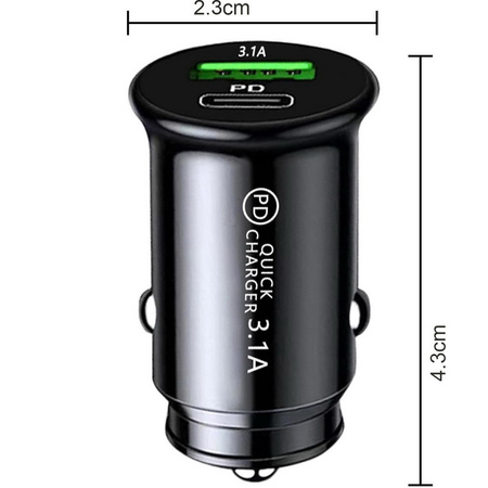 Ładowarka samochodowa NOX do zapalniczki szybka mocna dwa porty USB-A + USB-C 5V 3.1A (Czarna)
