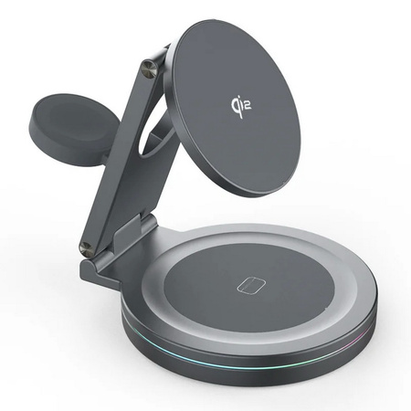 Ładowarka indukcyjna Qi2 MagSafe AluCircle Wireless Charger szybka bezprzewodowa magnetyczna aluminiowa stacja do ładowania Apple Watch / iPhone / AirPods (Space Gray / Szary)