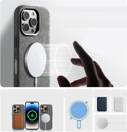 Etui D-Pro Alcantara® oryginalna włoska tkanina zamszowa obudowa z magnesem MagSafe do Apple iPhone 16 Pro (Dark Gray/ Ciemny Szary)
