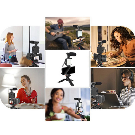 Zestaw Vlog Podcast YouTube do telefonu kamery aparatu lampa LED mikrofon uchwyt statyw pilot (Czarny) + adapter USB-C