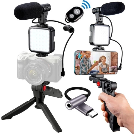 Zestaw Vlog Podcast YouTube do telefonu kamery aparatu lampa LED mikrofon uchwyt statyw pilot (Czarny) + adapter USB-C
