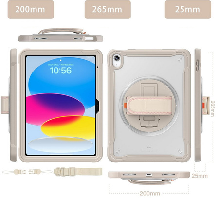 D-Pro 360 Shock V2 Strap Case etui pancerne z uchwytem na rękę i paskiem na ramię do Apple iPad 10 Gen. (2022) / 11 Gen. (2025) (Beżowy)