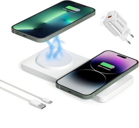 Ładowarka indukcyjna MFC M15 Duo 2in1 Dual MagSafe Charger podwójna bezprzewodowa magnetyczna stacja ładująca na dwa telefony do iPhone (Biała)
