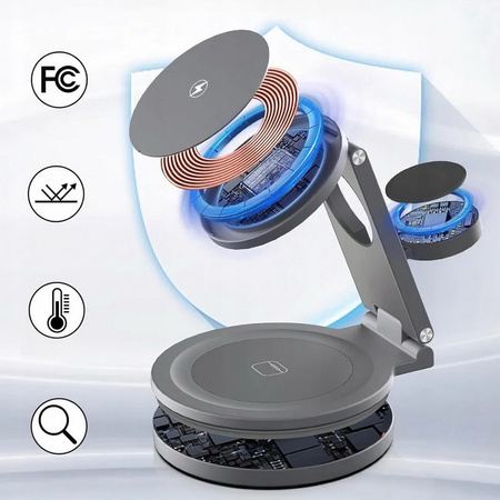 Ładowarka indukcyjna Qi2 MagSafe AluCircle Wireless Charger szybka bezprzewodowa magnetyczna aluminiowa stacja do ładowania Apple Watch / iPhone / AirPods (Space Gray / Szary)