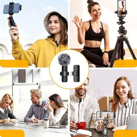 Mikrofon zewnętrzny krawatowy bezprzewodowy z odbiornikiem USB-C Typ-C + Adapter do Apple Lightning iPhone Android + DeadCat osłona przeciwwietrzna Vlog Podcast YouTube TikTok Stream Transmisja (2 szt.)