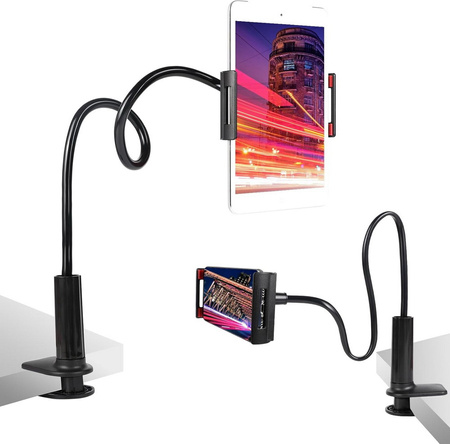 Uchwyt elastyczny z klipsem na tablet telefon mocowany do biurka stołu blatu ramy łóżka (Czarny)