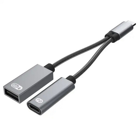 Adapter Splitter rozdzielacz przejściówka 2w1 USB-C OTG 60W PD USB-A 2.0 (Space Gray)