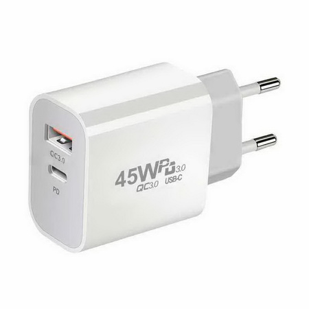 Ładowarka sieciowa zasilacz adapter USB-A + USB-C 45W PD do szybkiego ładowania (Biały)