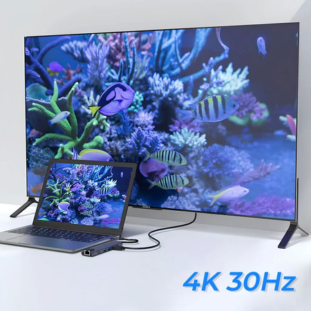 Adapter Hub D-Pro 8w1 przejściówka rozdzielacz USB-C do HDMI 4K UHD / 2x USB Type-C PD / USB 3.0 / SD / TF / RJ45 LAN 100Mbps (Space Gray / Szary)