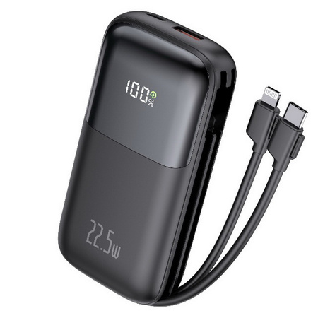 Power Bank D-Pro Dual Cable LED 2x kabel USB-C + Lightning szybkie ładowanie 22.5W QC 3.0 PD 10000mAh (Biały)