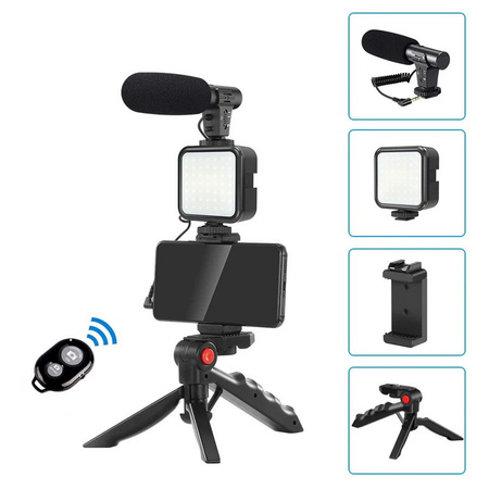 Zestaw Vlog Podcast YouTube do telefonu kamery aparatu lampa LED mikrofon uchwyt statyw pilot (Czarny) + adapter USB-C