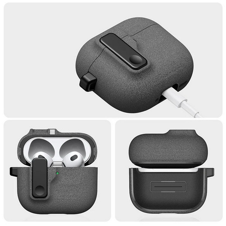 Etui D-Pro Suede Safe Anti-Lost Case bezpieczna zamykana obudowa zamszowa z metalowym karabińczykiem do Apple AirPods Pro 1/2 (Szary + Czarny breloczek)